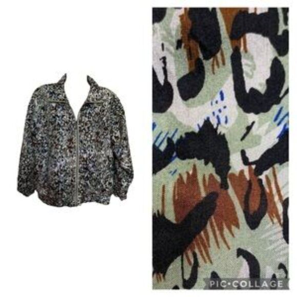 Vintage 80s 90s Silk Abstract Animal Print Bomber Jacket Pockets Sz S - Picture 1 of 10